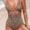 Women's Glitter Leopard Contrast Piping Plunging One-Piece Swimsuit- Cupshe - 2 of 4