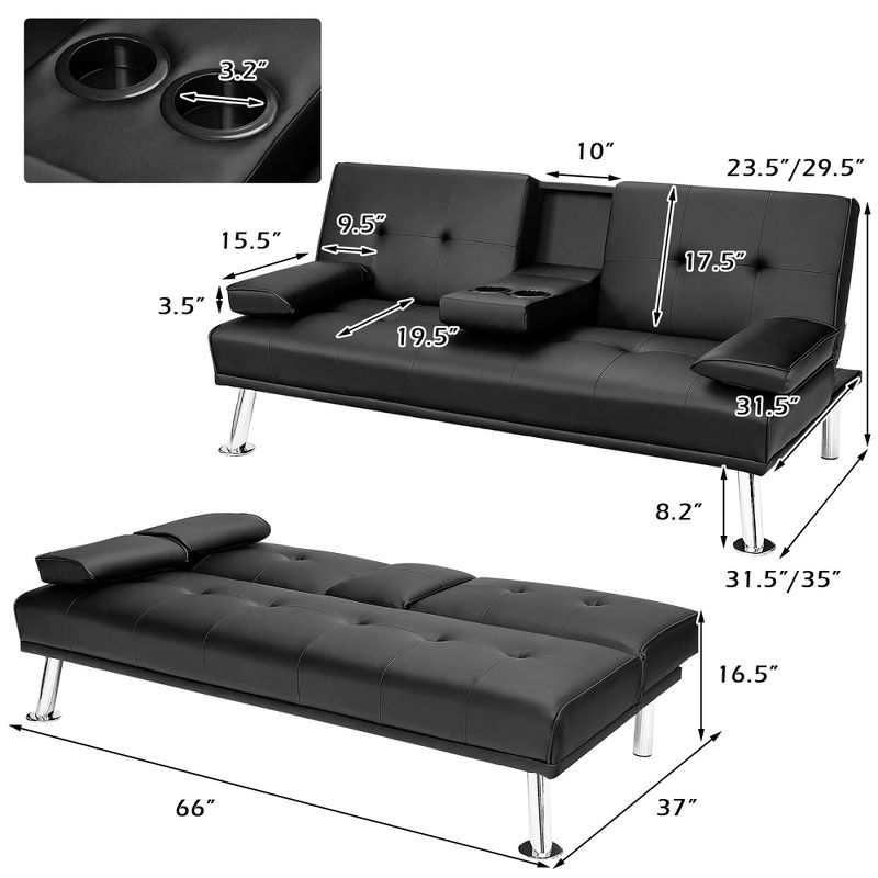 Costway Convertible Folding Futon Sofa Bed Leather w/Cup Holders&Armrests White\Black\Brown, 4 of 11