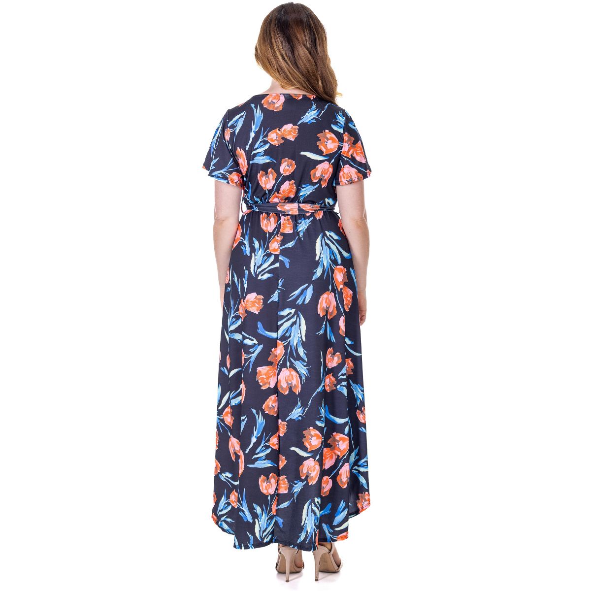24seven Comfort Apparel Womens Black Floral V Neck Belted High Low Faux Wrap Dress - thumbnail 3