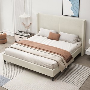 KWPZQEB Queen/King Size Bed Frame with High Back Upholstered Headboard,Boucle Fabric Platform Bed with Wooden Slats,No Box Spring Needed,Easy Assembly - 1 of 4
