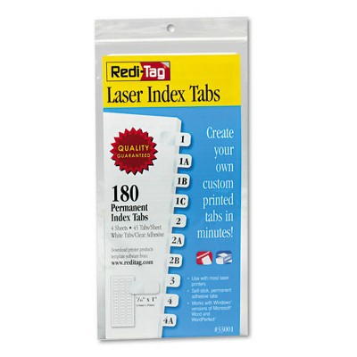Redi-Tag Laser Printable Index Tabs, 1/12-Cut, White, 0.44" Wide, 180/Pack