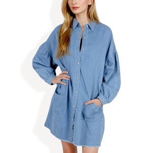 Anna-Kaci Women's Long Sleeve Denim Shirt Dress with Front Button Closure and Patch Pockets - 1 of 4