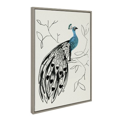 Gray and Blue Peacock Canvas Print with Modern Frame, 23x33