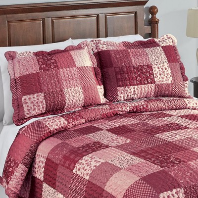 Burgundy Floral Patchwork Scalloped Edge Standard Sham
