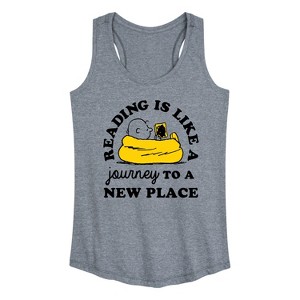 Women's Peanuts Reading Is Like A Journey To A New Place Graphic Racerback Tank - Heather Grey - X-Large - 1 of 4