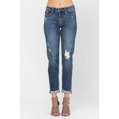 Women's Destroyed Cuffed Mid Rise Slim Fit Denim Jeans - Judy Blue