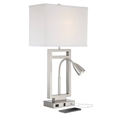 Possini Euro Design Modern Table Lamp with USB Outlet Reading Light LED 29.25" Tall Brushed Nickel Rectangular Off White Shade Bedroom Office