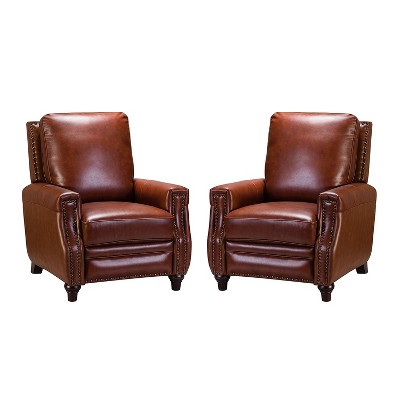 Set of 2 Theresa Modern Wooden Upholstery Genuine Leather Recliner with Nailhead Trim for Living Room and Bedroom  | ARTFUL LIVING DESIGN