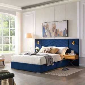 Whisen Queen Size Velvet Bed Frame, Upholstered Platform Bed, Vertical Channel Tufted Wingback Headboard - 1 of 4
