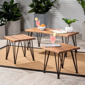Christopher Knight Home Zion Outdoor Acacia Wood and Iron Table Set (Set of 3), Teak and Rustic Metal - 1 of 4