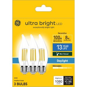 GE 3pk 100W Decorative Ultra Bright LED Bulb Clear Daylight: 5000K Dimmable, E26 Base, 1080 Lumens, 13.7-Year Life - 1 of 4