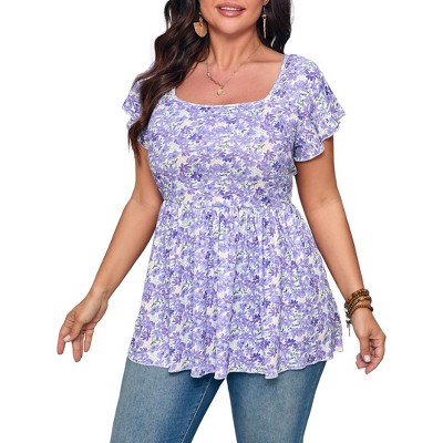 Plus Size Square Neck Shirts for Women Cap Sleeve Waist Ribbon Printed Top Blouses