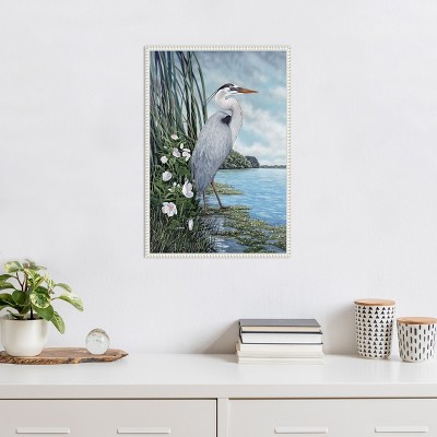 Great Blue Heron Coastal Scene Canvas Wall Art with White Frame