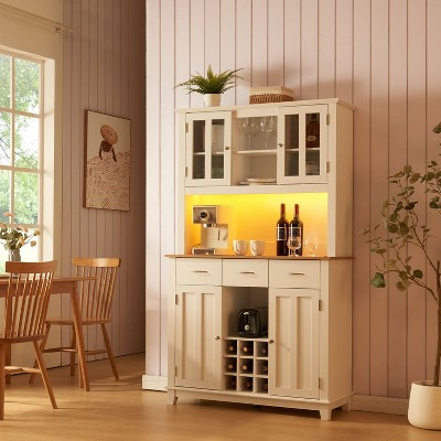 70'' Farmhouse Kitchen Sideboard with LED Lights and Outlet, Kitchen and Dining Cabinets with Buffet Storage Table - Maison Boucle