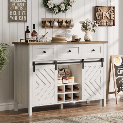 Farmhouse Buffet Cabinet with Sliding Barn Door, Rustic Sideboard with 3 Drawer, Removable Wine Racks and Adjustable Shelf for Dining Room, Kitchen
