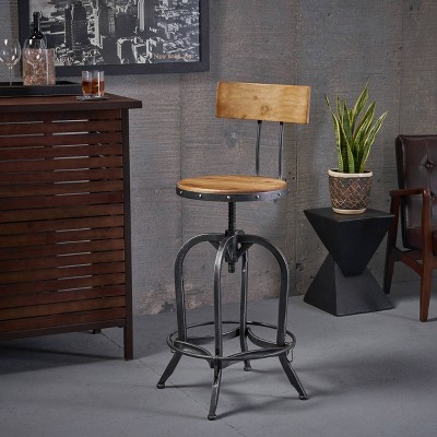 Hartley Adjustable Antique Fir Wood and Metal Barstool