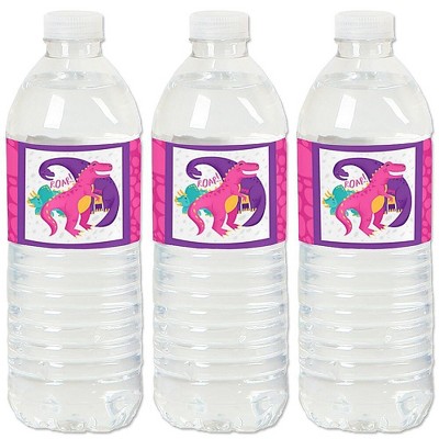 Big Dot of Happiness Roar Dinosaur Girl - Dino Mite T-Rex Baby Shower or Birthday Party Water Bottle Sticker Labels - Set of 20
