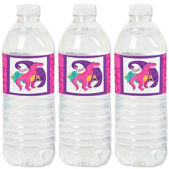 Big Dot of Happiness Roar Dinosaur Girl - Dino Mite T-Rex Baby Shower or Birthday Party Water Bottle Sticker Labels - Set of 20