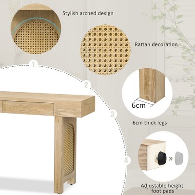 Natural Wood Console Table with Rattan Accents and Storage Drawers