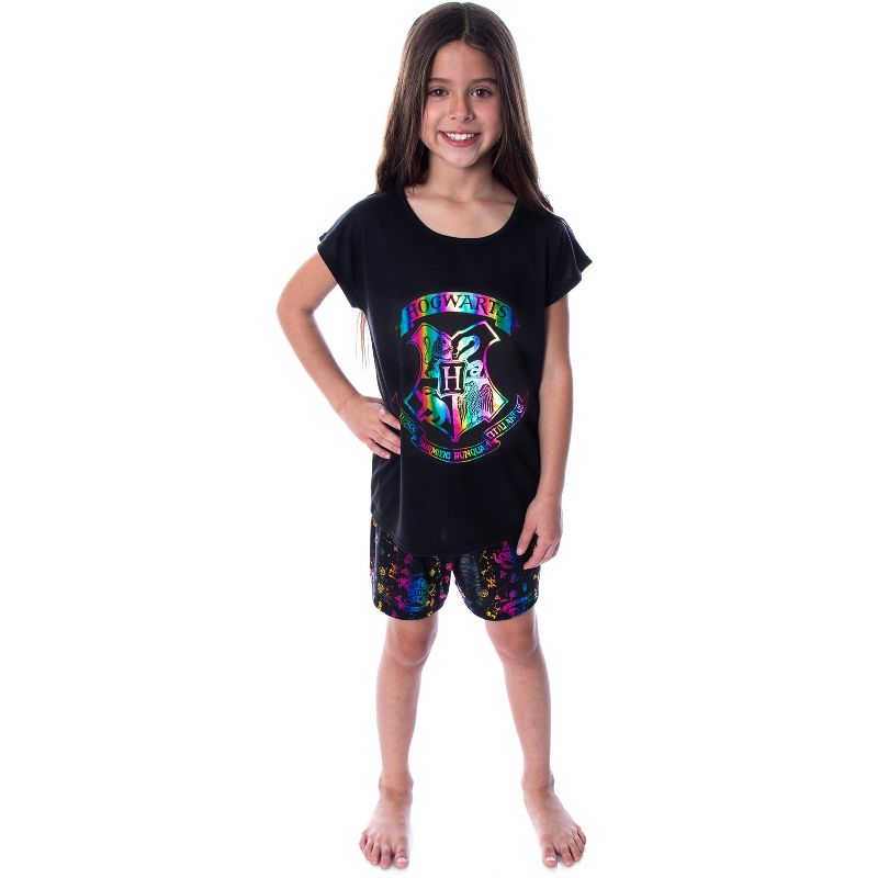 Harry Potter Girls' Hogwarts Rainbow Hologram Shirt and Shorts Pajama Set Black, 5 of 6