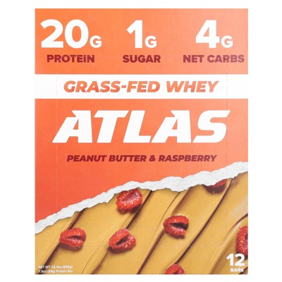 Atlas Bar Grass-Fed Whey Protein Bar, Peanut Butter & Raspberry, 12 Bars, 1.9 oz (54 g) Each