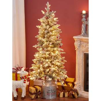 LuxenHome 5' Pre-Lit LED Artificial Flocked Slim Fir Christmas Tree with Metal Pot and Red Holly Berries Green