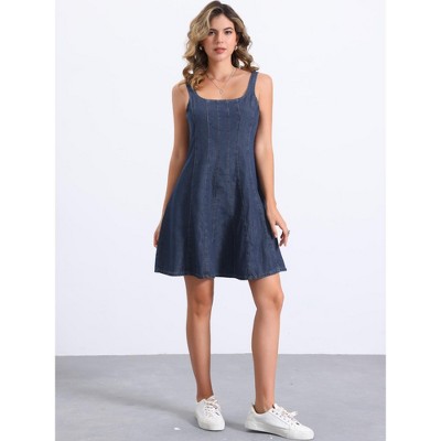 Женские платья INSPIRE CHIC Women's Denim Sleeveless Crew Neck A-Line Mini Dress Dark Blue X-Large — фото 4