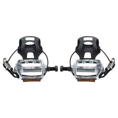 Unique Bargains Bicycle Pedals 12.7mm 1/2'' Spindle Platform with Toe Clips Fixed Foot Strap Black Silver Tone 1 Pair