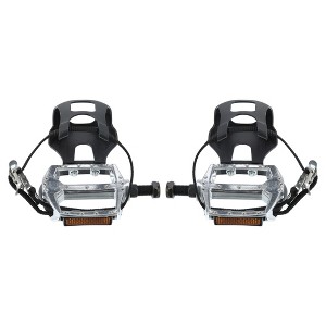 Unique Bargains Bicycle Pedals 12.7mm 1/2'' Spindle Platform with Toe Clips Fixed Foot Strap Black Silver Tone 1 Pair - 1 of 4