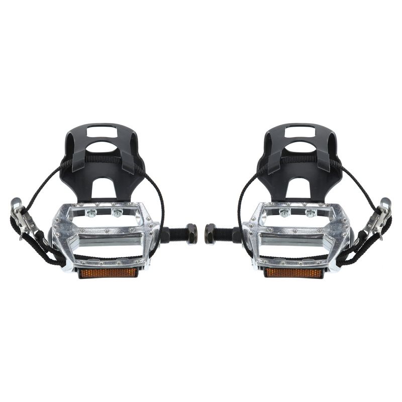 Unique Bargains Bicycle Pedals 12.7mm 1/2'' Spindle Platform with Toe Clips Fixed Foot Strap Black Silver Tone 1 Pair, 1 of 7