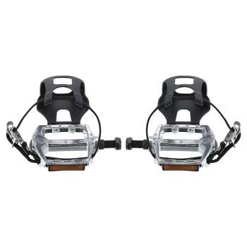 Unique Bargains Bicycle Pedals 12.7mm 1/2'' Spindle Platform with Toe Clips Fixed Foot Strap Black Silver Tone 1 Pair