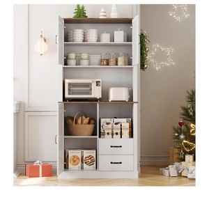Tall Pantry Cabinet with 2 Drawers, Open Shelves & Microwave Shelf for Kitchen, Dining Room, Living Room - 1 of 4