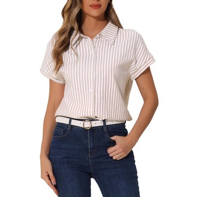 INSPIRE CHIC Women's Striped Button Down Turndown Collar Cotton Casual Cap Sleeve Blouse