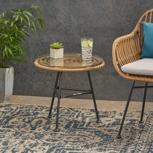 FURNIinspire End Tables Rattan Side Table Living Room Round Accent Table with Tempered Glass Top for Balcony Office, Brown, 19.5"*19.5"*18.5" - 1 of 4