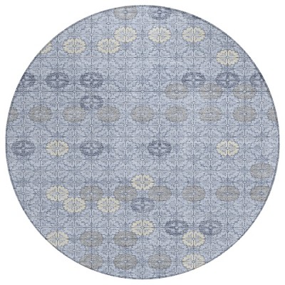 HomeRoots 8' Blue And Ivory Round Geometric Washable Indoor Outdoor Area Rug