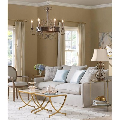 Rustic Bronze Scrollwork Chandelier with Candle Sleeves, 30" Wide