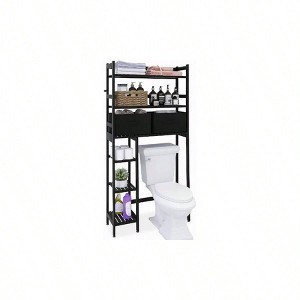 Over - Toilet Storage Rack, 6 - Tier Large Bathroom Organizer with Side Shelves and 2 Drawers, Stable Freestanding Space Saver Black - 1 of 4