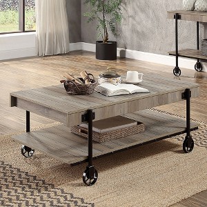 47.25" Coffee Table with Slat Design, Open Bottom Shelf, and Replicated Wheel Legs for Industrial Living Room - 1 of 4