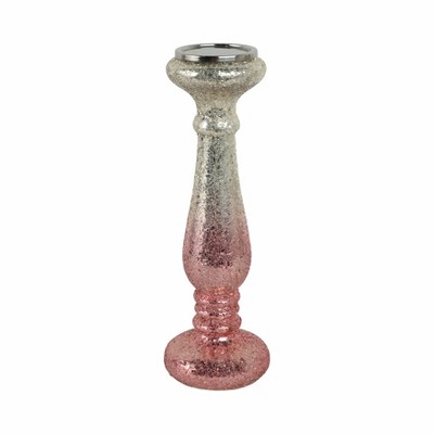 Glass Pillar Candle Holder - Crackled Glass Design - Glam Decor for Home, Office, Bedroom & Living Room - Stylish Taper Candle Stand - 15" Pink