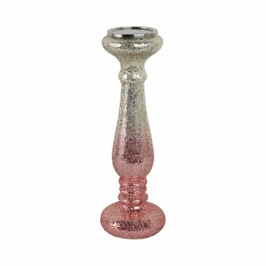 Glass Pillar Candle Holder - Crackled Glass Design - Glam Decor for Home, Office, Bedroom & Living Room - Stylish Taper Candle Stand - 15" Pink - 1 of 4