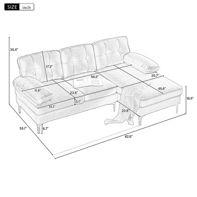 82.6" Modern Sectional Sofas Couches Polyester L-Shaped Couches for Living Room, Bedroom, Black