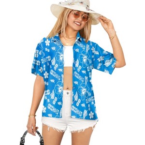 LA LEELA Women's Short Sleeve Hawaiian Blouse Shirt M Hawai Theme Blue - 1 of 4