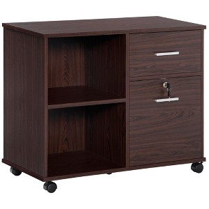 Vinsetto Lateral File Cabinet with Wheels, Mobile Printer Stand with Open Shelves and Drawers for A4 Size Documents, Walunt - 1 of 4