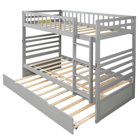 Twin Over Twin Wood Bunk Bed With Safety Rail And Movable Trundle Gray ...