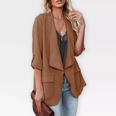 Womens Casual Blazer Jackets Roll Up Long Sleeve Open Front Jacket Loose Fit Longline Blazer Work Office Business Blazers