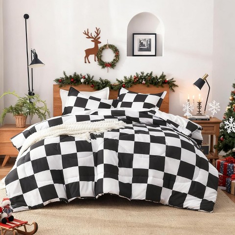 Der Rose BALHAM TRADE-3 Piece Checkered Comforter Queen Black White Plaid Gingham Bed Set Bedding Checkered - Black White-Quee 90"x90"