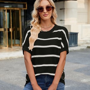 Women's striped round neck pullover fashionable contrasting color shoulder short sleeved sweater - 1 of 4