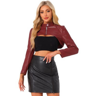 INSPIRE CHIC Women's Faux Leather Cropped Stand Collar Zipper Front Moto Biker Long Sleeve Jacket
