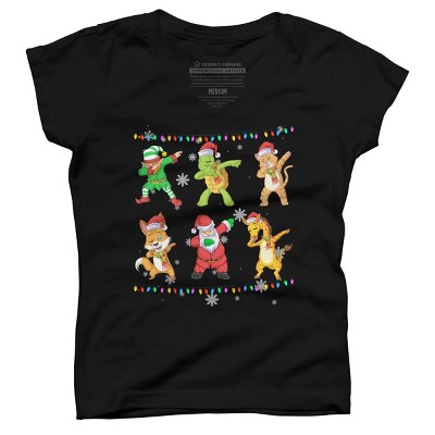 Girl's Design By Humans Christmas Dabbing Cartoon Animals By shirtpublic T-Shirt