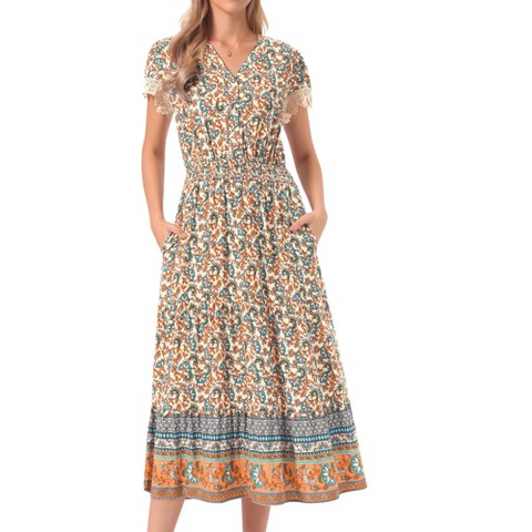 Женские платья INSPIRE CHIC Women's Boho V Neck Cap Sleeve Smocked Floral Tiered Flowy Maxi Dresses Medium Beige
